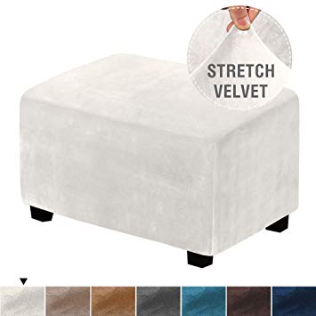 H.VERSAILTEX Real Velvet Plush 1 Piece Form Fit Stretch Rectangle Folding Storage Covers Ottoman Slipcovers Removable Footstool Protect Footrest Covers Elastic Bottom, Machine Washable(Large, Ivory)