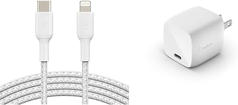 Belkin BoostCharge Nylon Braided USB C to Lightning Cable (3.3ft/1M) and Belkin 30W GaN Wall Charger Bundle