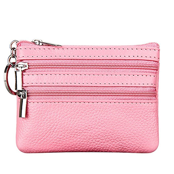 Women's Genuine Leather Coin Purse Mini Pouch Change Wallet with Key Ring