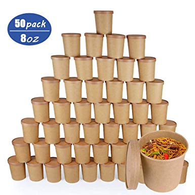 Disposable Take Out Food To-Go Containers/Soup Containers, Eco Friendly Kraft, Deli Food Storage with Airtight Lids, Stackable Pails 50 Packs for restaurant,To-Go Lunch or Food Service(8 OZ)