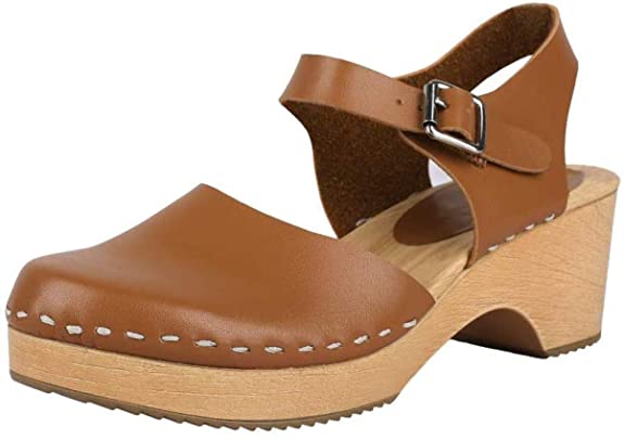Chellysun Womens Wooden Clogs Swedish Low Heel Chunky Closed Toe Ankle Strap Buckle Sandals