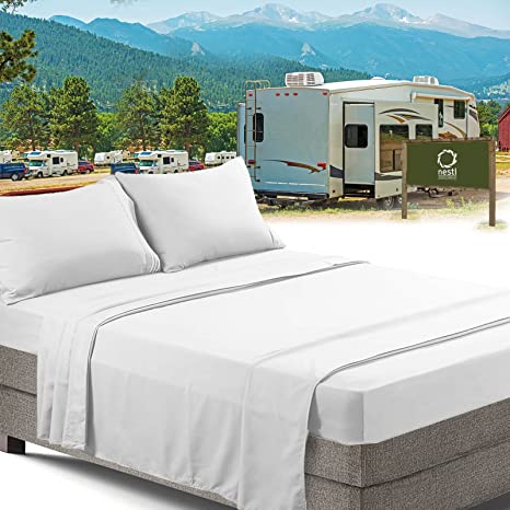 RV/Short Queen Bed Sheets Set Bedding Sheets Set for Campers, 4-Piece Bed Set, Deep Pockets Fitted Sheet, 100% Luxury Soft Microfiber, Hypoallergenic, Cool & Breathable, White