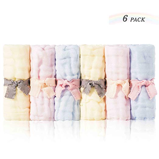 Sense Gnosis Natural Muslin Baby Washcloths Soft Hypoallergenic Absorbent Bath Washcloths Reusable Cotton Wipes for Newborn Babies 10x10 inch Baby Shower Face Towels Set of 6（Yellow/Pink/Blue）