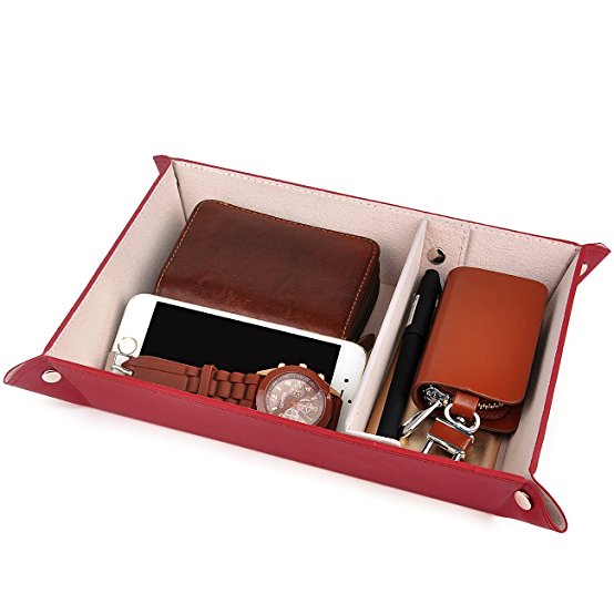 Valet Tray,Watch Case for Storage,PU Leather Coin Change Key Tray Jewelry Organizer Winered