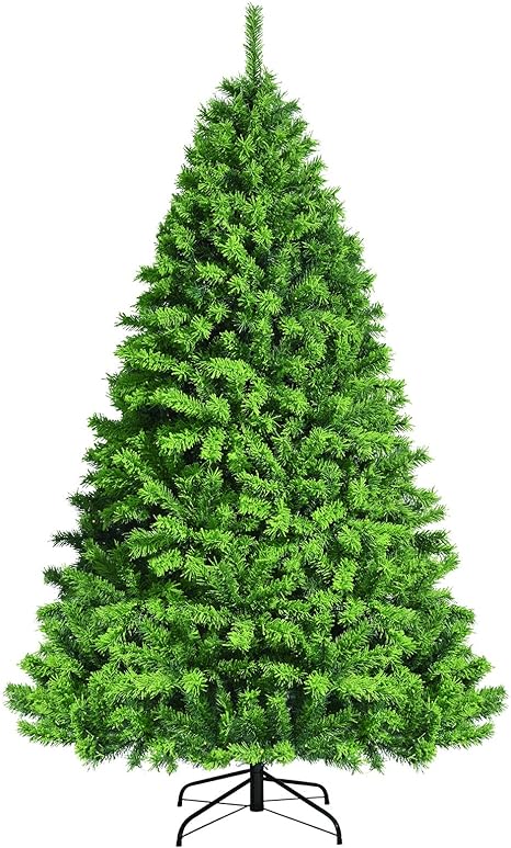 COSTWAY 7.5ft Green Flocked Hinged Artificial Christmas Tree with Metal Stand