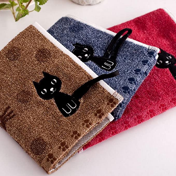KINGOU Towel Pure Cotton Jacquard Weave Baby/Kid/Children Hand Wash Face Towel with Lovely Cat - 3PCS Package (25 x 50 cm)