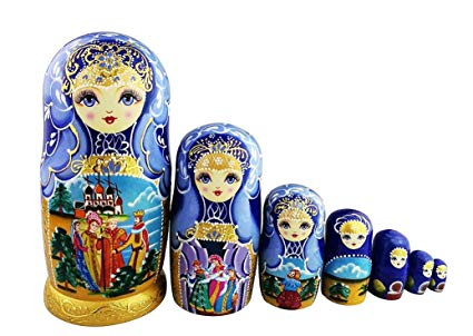 Winterworm Beautiful Blue and Gold Little Girl and Fairy Tale Pattern Handmade Wooden Traditional Russian Nesting Dolls Matryoshka Dolls Set 7 Pieces for Kids Toy Birthday Christmas Decoration