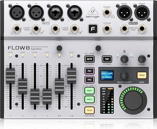 FLOW 8-8-Input Digital Mixer with Bluetooth Audio and App Control, 60 mm Channel Faders, 2 FX Processors and USB/Audio Interface