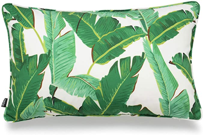 Hofdeco Tropical Indoor Outdoor Indoor Outdoor Pillow Cover ONLY, Water Resistant for Patio Lounge Sofa, Green Banana Leaf, 12"x20"
