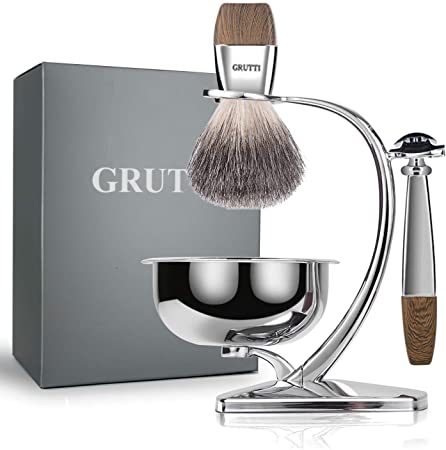 GRUTTI Shaving Set, Deluxe Chrome Razor and Brush Stand with Soap Bowl and Badger Hair Shaving Brush and Safety Razor (Double Edge & Badger Hair Version)