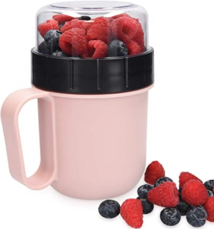 Navaris Breakfast to Go Cup - Portable 2-Piece Food Container Pot for Cereal, Yogurt, Oatmeal - Microwave and Dishwasher-Safe, BPA-Free - Pastel Pink