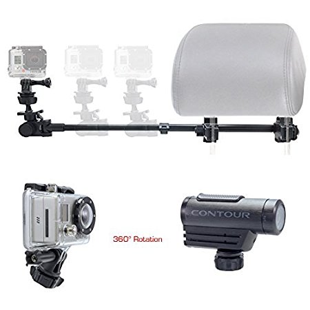 ChargerCity Dual Post Telescopic Headrest Mount for All GoPro Hero Session Sony Contour ROAM AKASO Yi 4K Action Cam Camera to record Drifting Race Track Racing Video (include Tripod Adapter & Wrench)