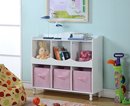 King's Brand R1014 Wood 6 Cubby Storage Cabinet with 3 Pink Fabric Bins, White Finish
