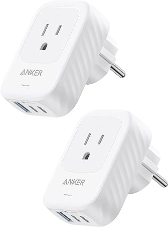 2 Pack Anker Travel Adapter, 15W Max with 2 AC, 2 USB-C, and 1 USB-A Port, USA to Europe International Plug Adapter, Ideal for iPhone 15, iPad Air, and More, Compact for Travel, Cruise (TUV Listed)