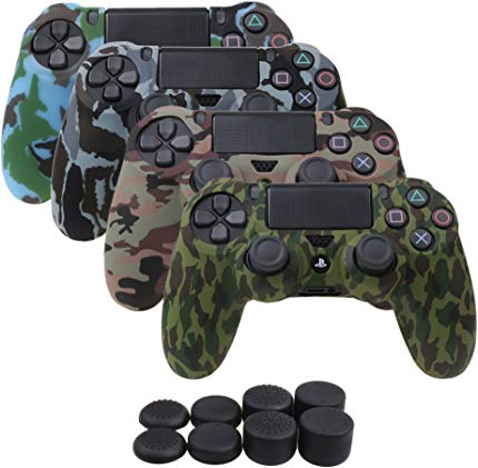 YoRHa Water Transfer Printing Camouflage Silicone Cover Skin Case for Sony PS4/slim/Pro Dualshock 4 controller x 4(forest navy desert snow) With Pro thumb grips x 8