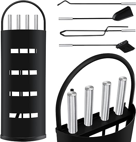 KESSER® Kaminzubehör 5-teiliges Kaminbesteck Set - Modern Design, beschichtet, Hochwertige Kamingarnitur aus 5 Teilen: Besen, Schaufel, Schürhaken, Zange, Ständer mit Sichtschutz Edelstahl Schwarz