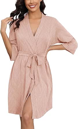 Ekouaer Robes for Women Ribbed Knit Bathrobe Soft Knee Length Kimono Robe 3/4 Sleeve Sleepwear with Pockets S-XXL