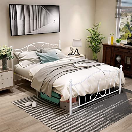 Metal Bed Frame Queen Victorian Vintage Style Platform Foundation with Headboard Footboard Heavy Duty Steel Slabs （White）