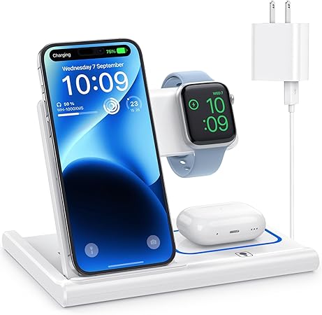 Wireless Charger, 3 in 1 Wireless Charging Station for Multiple Devices,Wireless Charging Stand for iPhone15 14 13 12 11 Series, AirPods Pro 3 2 & Apple Watch (Adapter Included) - White