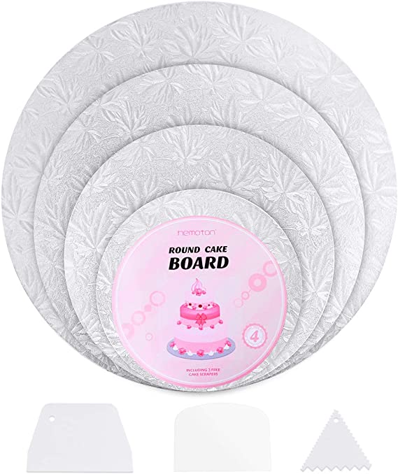 Hemoton 4Pcs Reusable Thicker Cake Cardboards with Embossed Foil Wrapping and 3 Scrapers for Cake Decoration Wedding Birthday Party 30cm 25cm 20cm 15cm