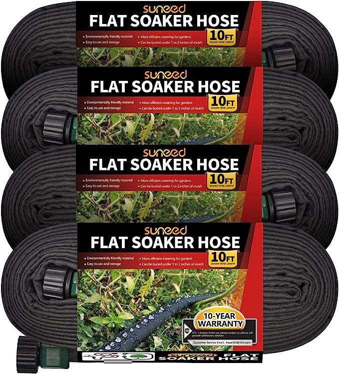 4 Pack Flat Soaker Hose 10FT for Garden Beds, Cloth Soaker Hose 15 ft for Efficient & Effective Watering of Plants – Short Garden Drip Hoses Heavy Duty & Easy to Install (10FT 4Pack)