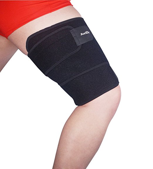 Runflory Thigh Support Brace, Adjustable Non-slip Thigh Slimmer Trimmer Compression Thigh Sleeve Wrap Brace for Sore Hamstring, Quad Support or Injury Recovery, Running & Sports - One Size, Black