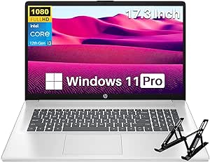 HP 2024 Newest 17 Laptop, 17.3" FHD IPS Display, 12th Gen Core i3-1215U, 16GB RAM, 512GB SSD, Intel UHD Graphics, Webcam, HDMI, Wi-Fi, Bluetooth, Thin & Portable, Windows 11 Pro, with Laptop Stand