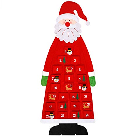 D-FantiX 3D Santa Felt Advent Calendar 2019 with Pockets 24 Days Hanging Christmas Countdown Calendar for Indoor Home Door Wall Decor Red