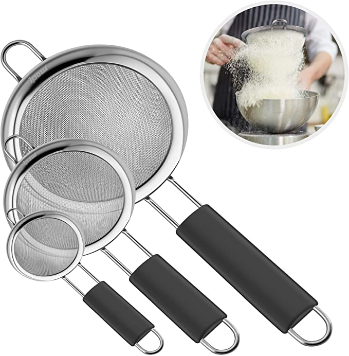 Ipow 3 Sizes Kitchen Food Strainer Sieve Set with Thickened Non-Slip Handles-Stainless Steel Premium Fine Mesh Set of Strainers, Colanders and Sifters Crafted