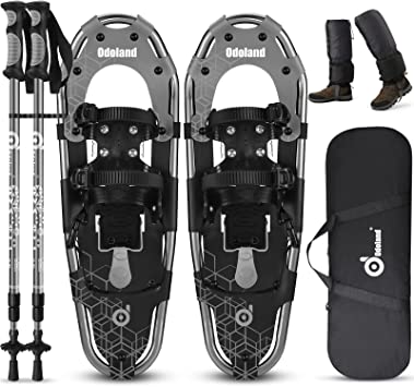 Odoland 4-in-1 Lightweight Snow Shoes Set for Men Women Youth Kids, Easy to Use Snowshoes with Trekking Poles, Waterproof Snow Leg Gaiters and Carrying Tote Bag, Size 21''/25''/30''