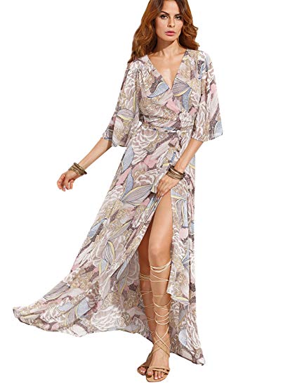 Milumia Women's Boho Deep V Neck Floral Chiffon Wrap Split Long Maxi Dress