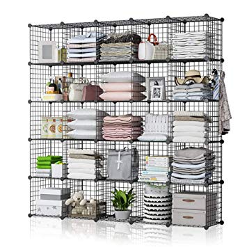 GEORGE&DANIS Wire Cube Storage Shelf Rack Multi-use Bookcase Bookshelf Stackable Metal Wardrobe Closet Organizer, Black, 14 inches Depth, 5x5 Tiers