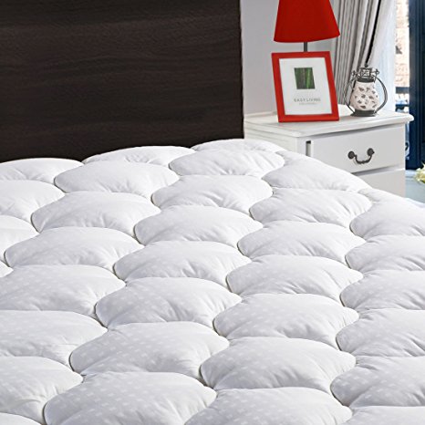 Overfilled Fitted Mattress Pad Cover(8-21”Deep Pocket)-Cooling Mattress Topper with Snow Down Alternative Fill(Queen, White)