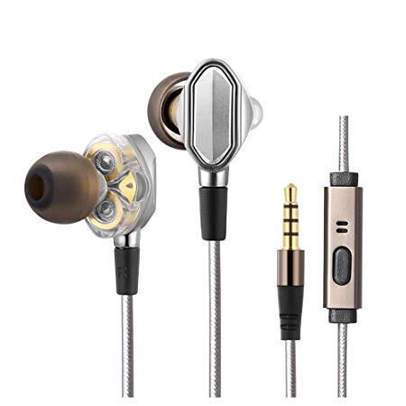 in-Ear Headphones, Fellee Wired Stereo HiFi Earphones Stereo Dual Dynamic Drivers Earbuds with Mic and 3.5mm Jack, Noise Isolating Sports Headsets (Transparent Golden)