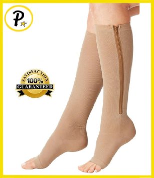 NEW Open Toe Knee Length Zipper Up Compression Hosiery Calf Leg Support Stocking (2XL, Beige)