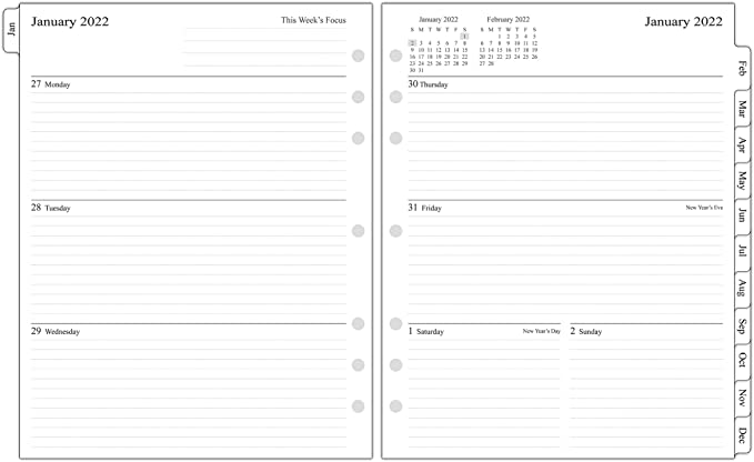 2022 Weekly Planner Refill Folio Size with Monthly Tabs, Two Pages Per Week, 8-1/2" x 11", Size 5