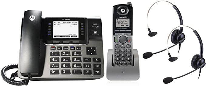 Motorola ML1250E DECT 6.0 Expandable 1 to 4 Lines Business Phone System with Voicemail, Digital Receptionist and Music on Hold, Black, Corded Base Station, 1 Wireless Handset & 2 Headset Bundle