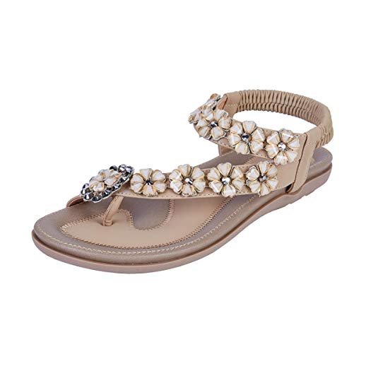 Colgo Women's Thong Flat Sandals, Casual Glitter Beaded Flip Flops Sandals Comfortable Sling Back Slip on Summer Beach Shoes