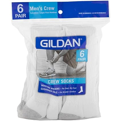 GILDAN USA 883096287803 GB753-6MGHT 6PK White Men's Crew Socks, 2.50" Height, 9.50" Width, 11.50" Length, Medium, White