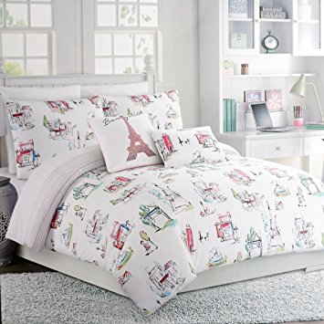 Duvet Cover Set Paris Cynthia Rowley Girls 3 Piece Full / Queen Size Cotton Red Green Orange Painted Parisian Scenes on White