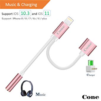 Cone Lighting to 3.5mm Aux Headphone Jack Audio Adapter, 2 in 1 Lighting Adapter Compatible with Phone XR/XS MAX/X / 7 Plus / 8 Plus (Support iOS 11, iOS 12, Rose)