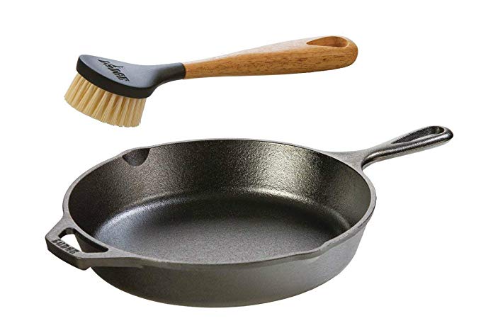 Lodge Seasoned Cast Iron Skillet w/Scrub Brush- 10.25” Cast Iron Frying Pan With 10” Bristle Brush