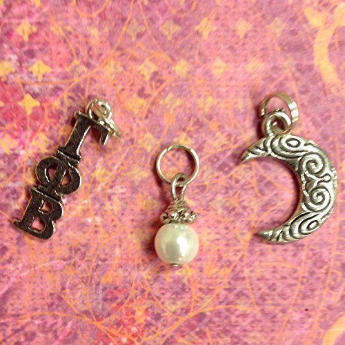 Sorority Greek Gamma Phi Beta Essential Trio of Charms - lavaliere, crescent moon mascot, pearl dangle