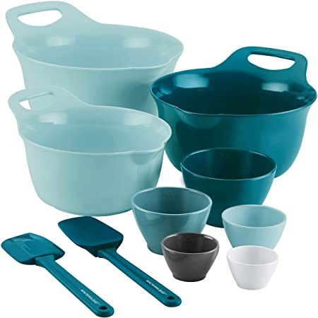 Rachael Ray Tools and Gadgets Mix and Measure Cooking / Baking Prep Set with Mixing Bowls, Measuring Cups, and Tools - 10 Piece, Light Blue and Teal