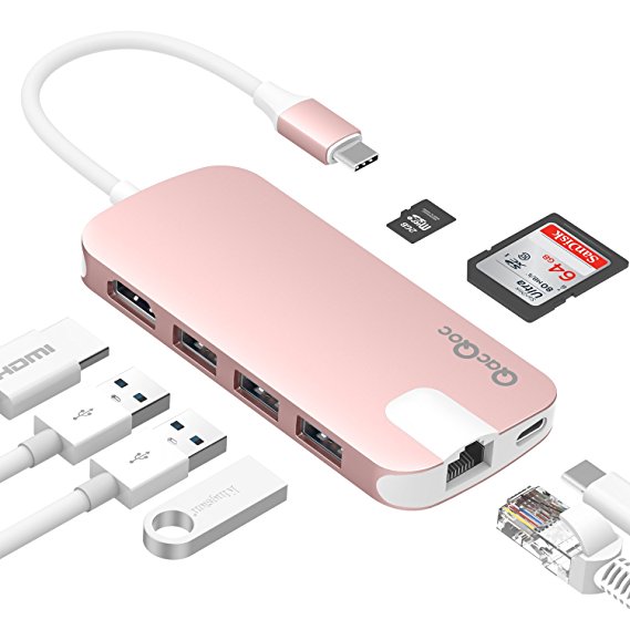 GN30H USB-C Hub, Premium Type C Hub with Power Delivery 3 SuperSpeed USB 3.0 Ports 1 HDMI Port 1SDHC Port 1 Micro SDHC 1 USB-C Input Charging Port for MacBook 12-Inch Aluminum Alloy Build (RoseGold)