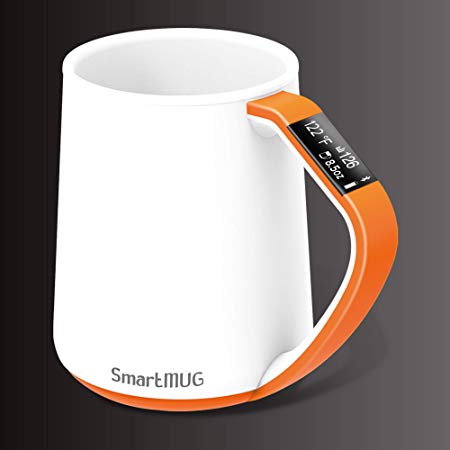 Smart MUG shows and tracks Temperature and Volume on its OLED display and iCUP app (Orange)