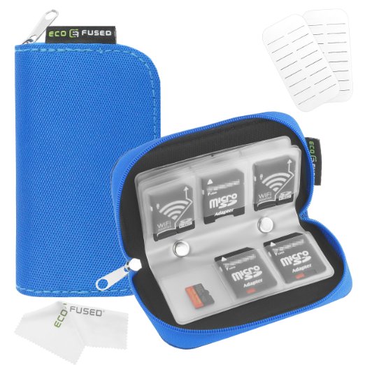 Eco-Fused 8 Pages and 22 Slots Memory Card Carrying Case with Microfiber Cleaning Cloth - Blue