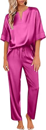 Ekouaer Satin Pajama Set Womens Silk Short Sleeve V Neck Shirt with Long Pant Soft Loungewear Pjs Set