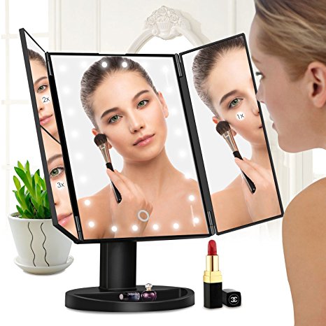 Amzdeal Makeup Vanity Mirror with 1X 2X 3X Magnifiers 24 Led Lighted Tri Fold Makeup Mirror 180 Degree Rotatable Countertop Bathroom Cosmetic Mirror, Black