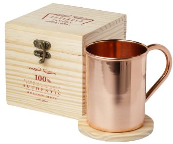 Advanced Mixology Moscow Mule 100% Pure Copper Mug 16 Ounce with Artisan Hand Crafted Wooden Gift Box and Coaster for Copper Cup